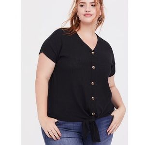 Torrid Black Waffle Knit Button Tie Front Top